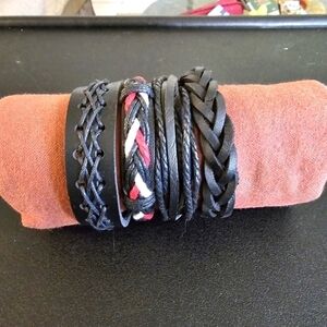 Adjustable Black Leather Wristbands Bracelet Set Unisex